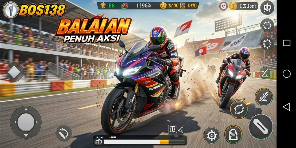 Gameplay seru dari BOS138 dengan aksi balapan motor yang mendebarkan.