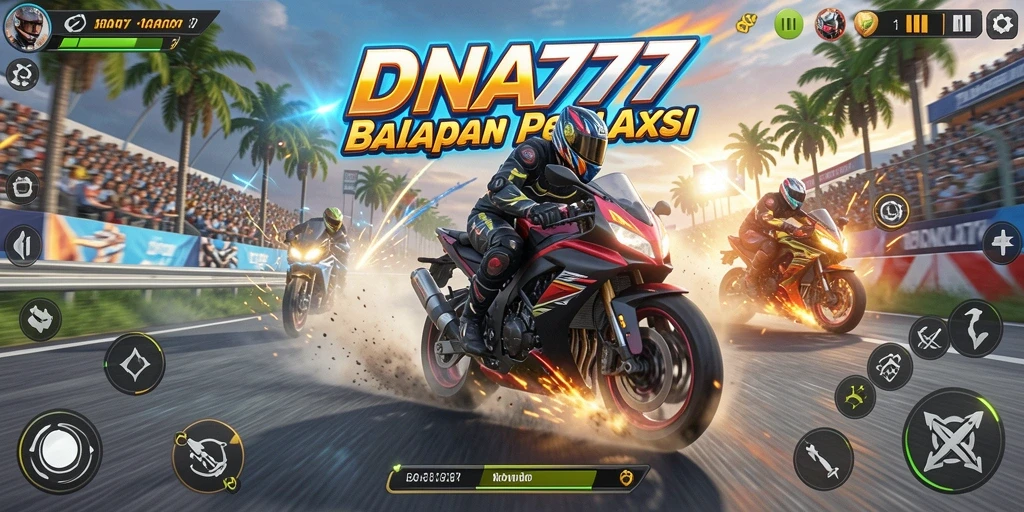 Tampilan gameplay <strong>DNA777</strong> saat balapan motor mendebarkan.